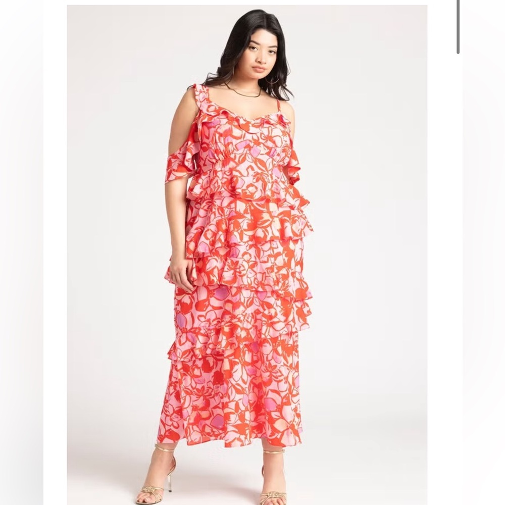 Eloquii Asymmetrical Floral Ruffle Maxi Dress